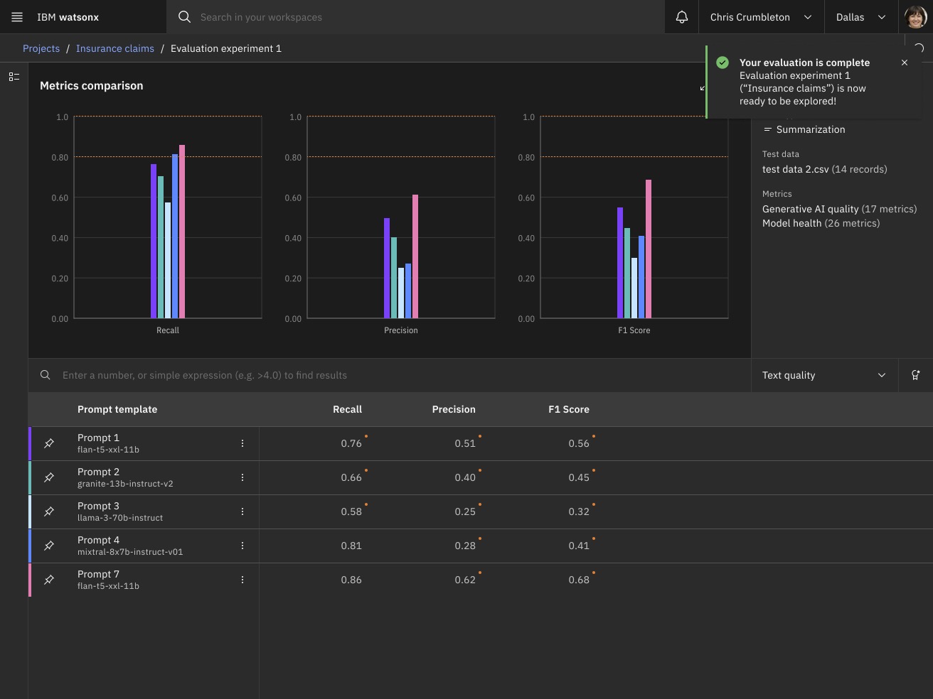 Comparison screen showing performance metrics